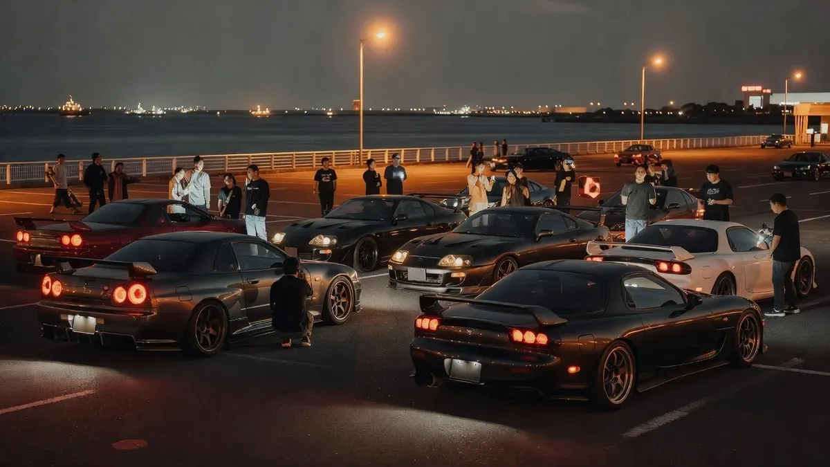 JDM cars gathered at the Daikoku Parking Area car meet at night during a Tokyo drift ride-along in Japan